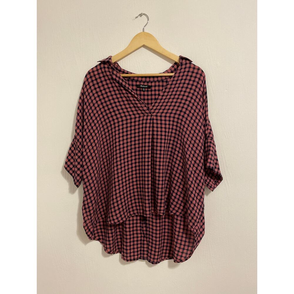Madewell Women's Black & Pink Check Partial Button-Down Back V-Neck SZ XXL